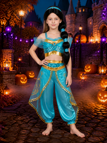 Girls' Arabian Princess Sequin Halloween Costume Set With Top, Pants And Wig Costume Wigs detail 2