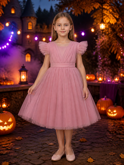 Toddler Girls' Pink Princess Dress, Layered Tulle Flutter Sleeve Formal Gown Costume Dresses detail 2