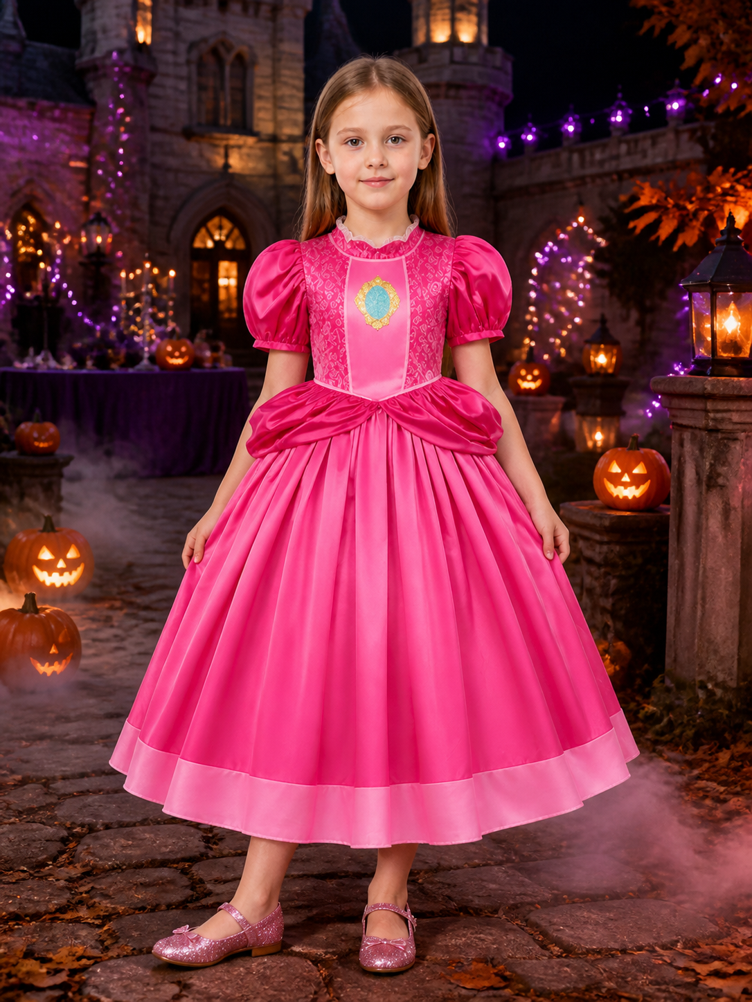 Pink Princess Ball Gown Costume Dress for Girls, Puff Sleeve with Blue Costume Dresses detail 2