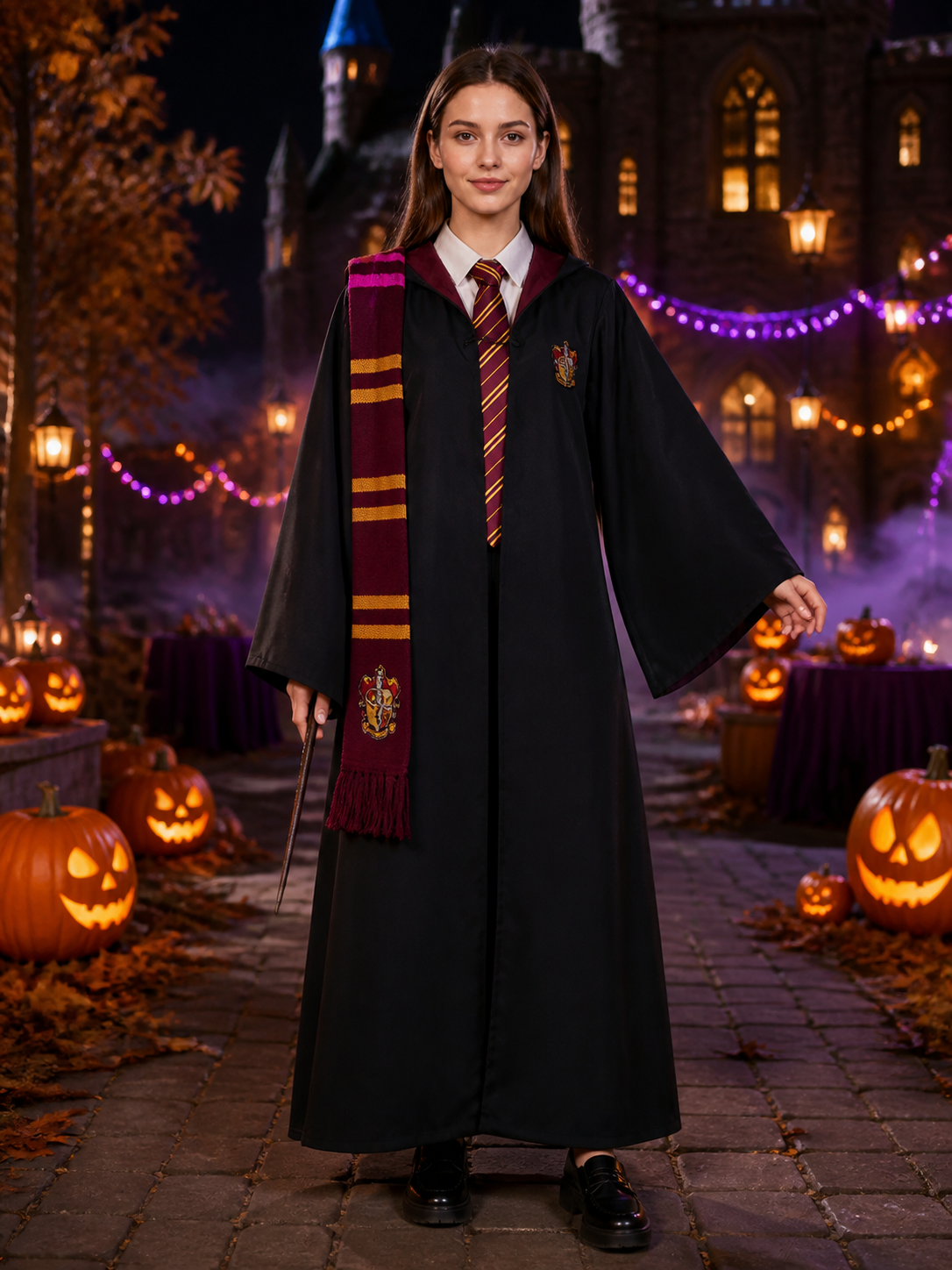 Black Wizard Robe Costume Set with Multicolor Striped Fringed Scarf and Chest Costumes detail 2