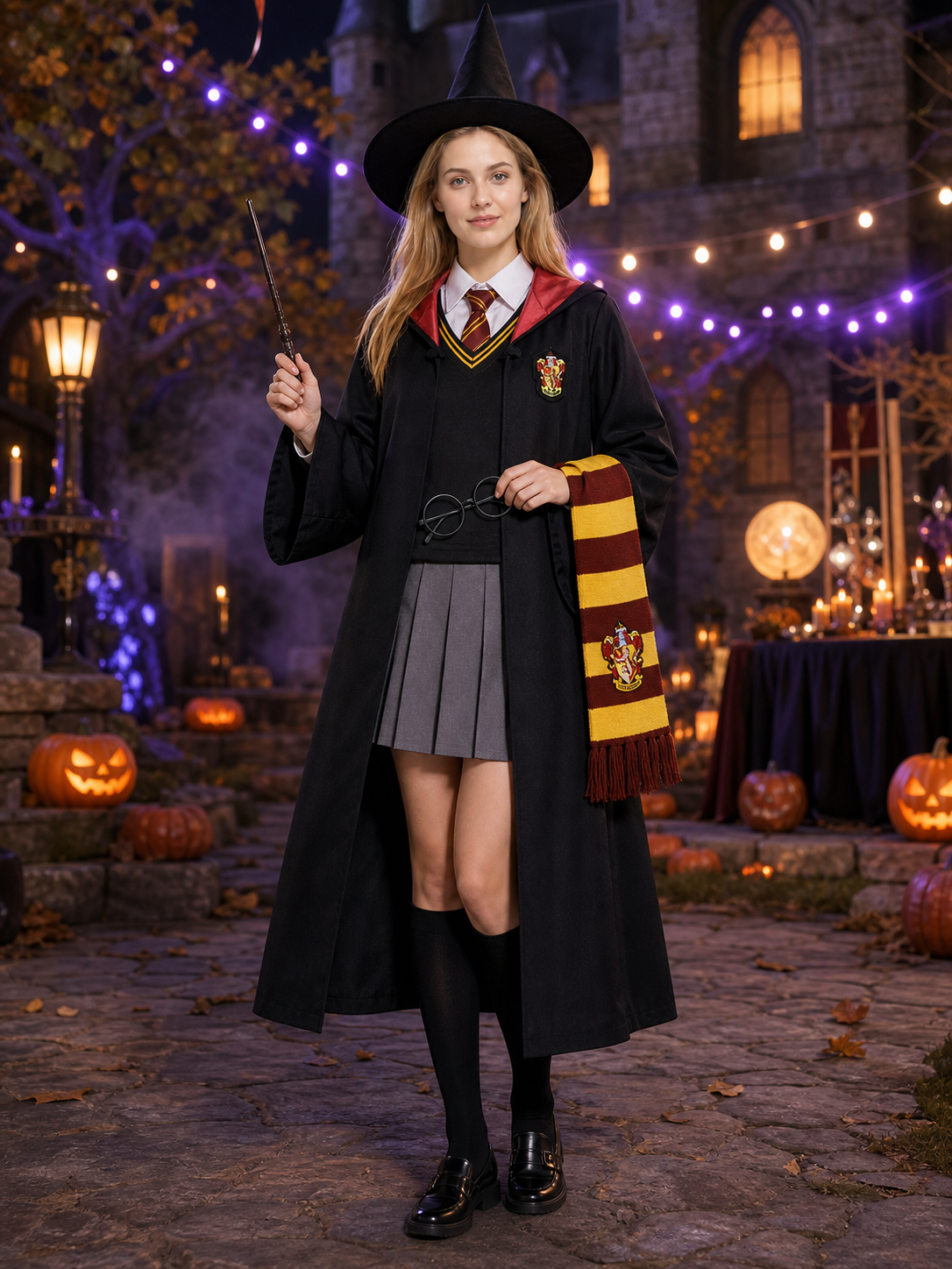 Unisex Wizard Costume Set for Kids and Adults, Hooded Robe with Crest, Striped Costumes detail 2