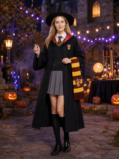 Unisex Wizard Costume Set for Kids and Adults, Hooded Robe with Crest, Striped Costumes detail 2