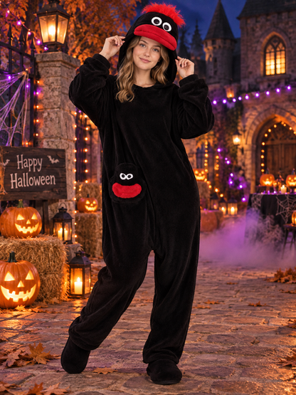 Black one-piece pajama with red pile and appliqué