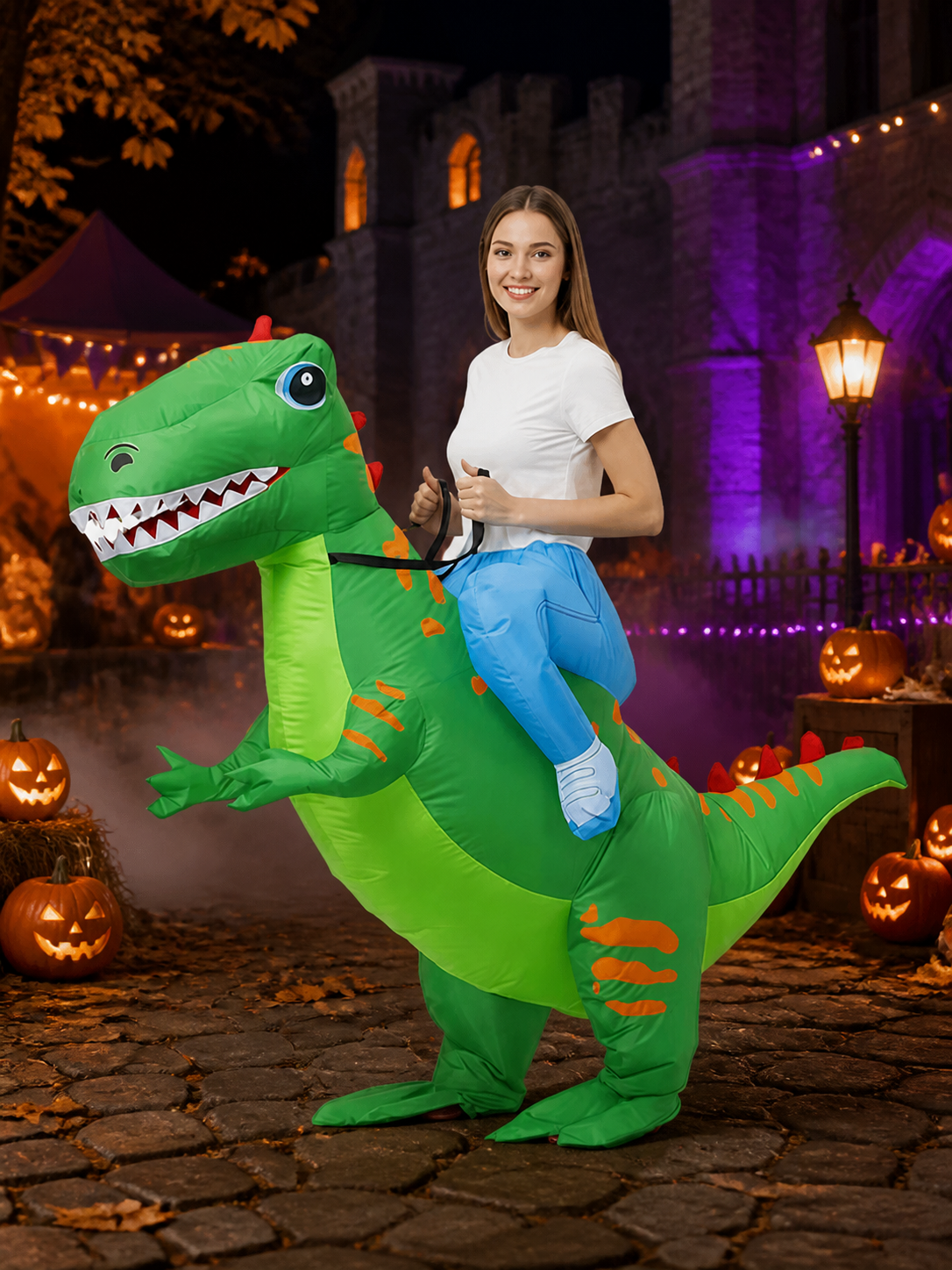 Kids Inflatable Dinosaur Costume with Orange Stripes and Spiked Back Costumes detail 2