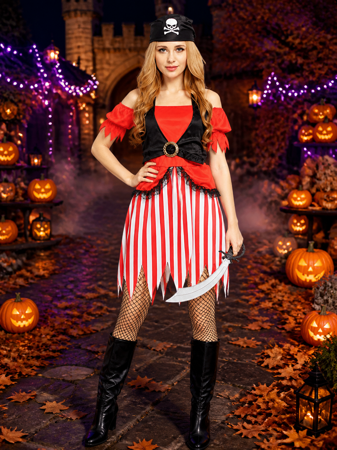 Women's Pirate Costume with Corset for Halloween Costumes detail 2