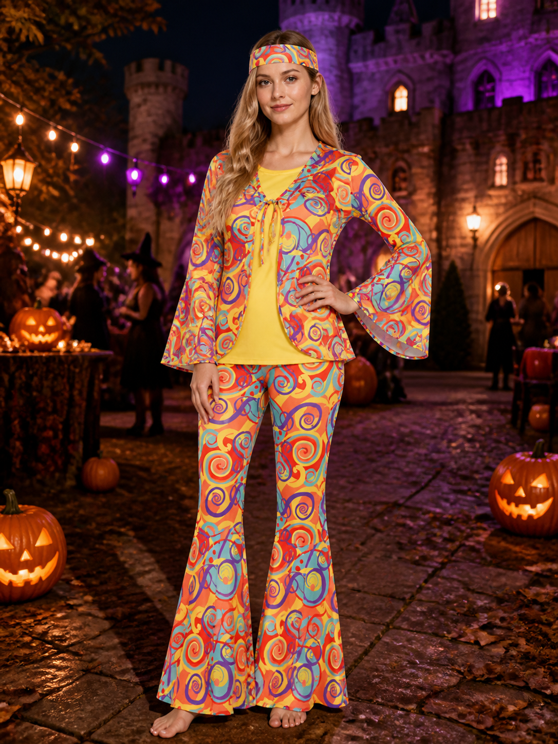 70s Hippie Disco Jumpsuit with Colorful Print for Parties