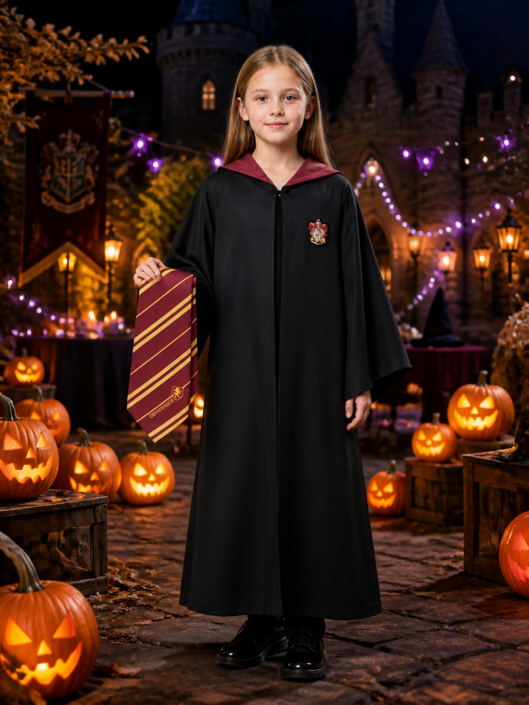 Kids Gryffindor Hooded Wizard Robe Costume Set With Scarf Costumes detail 2