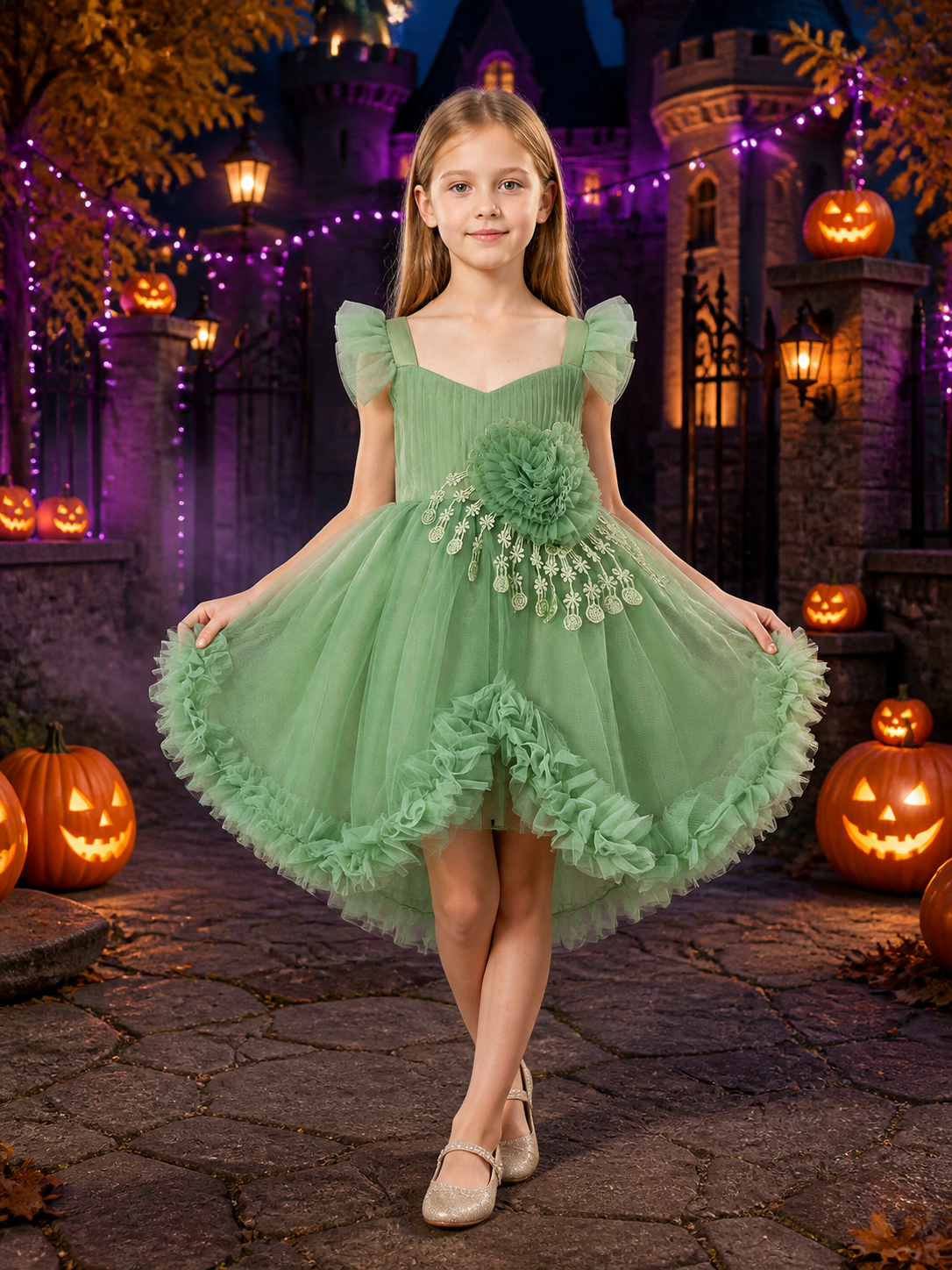 Baby Girls Flower Girl Princess Dress, Layered Tulle Skirt, Ruffle Sleeves and Costume Dresses detail 2