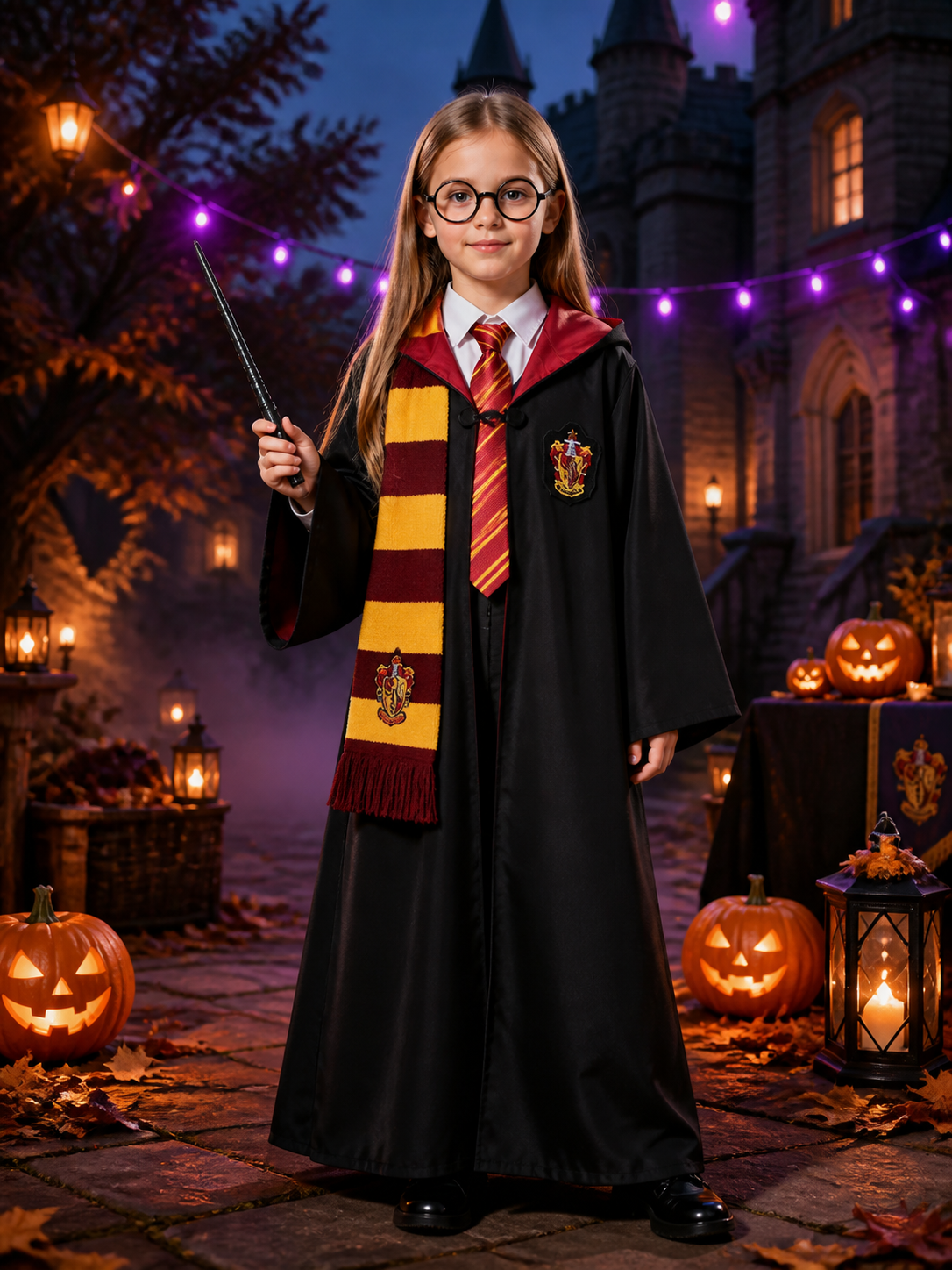 Red and Gold Striped Wizard Robe Costume Set with Hood, Tie, Scarf, Glasses & Costumes detail 2