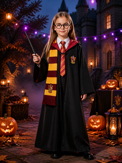 Red and Gold Striped Wizard Robe Costume Set with Hood, Tie, Scarf, Glasses & Costumes detail 2