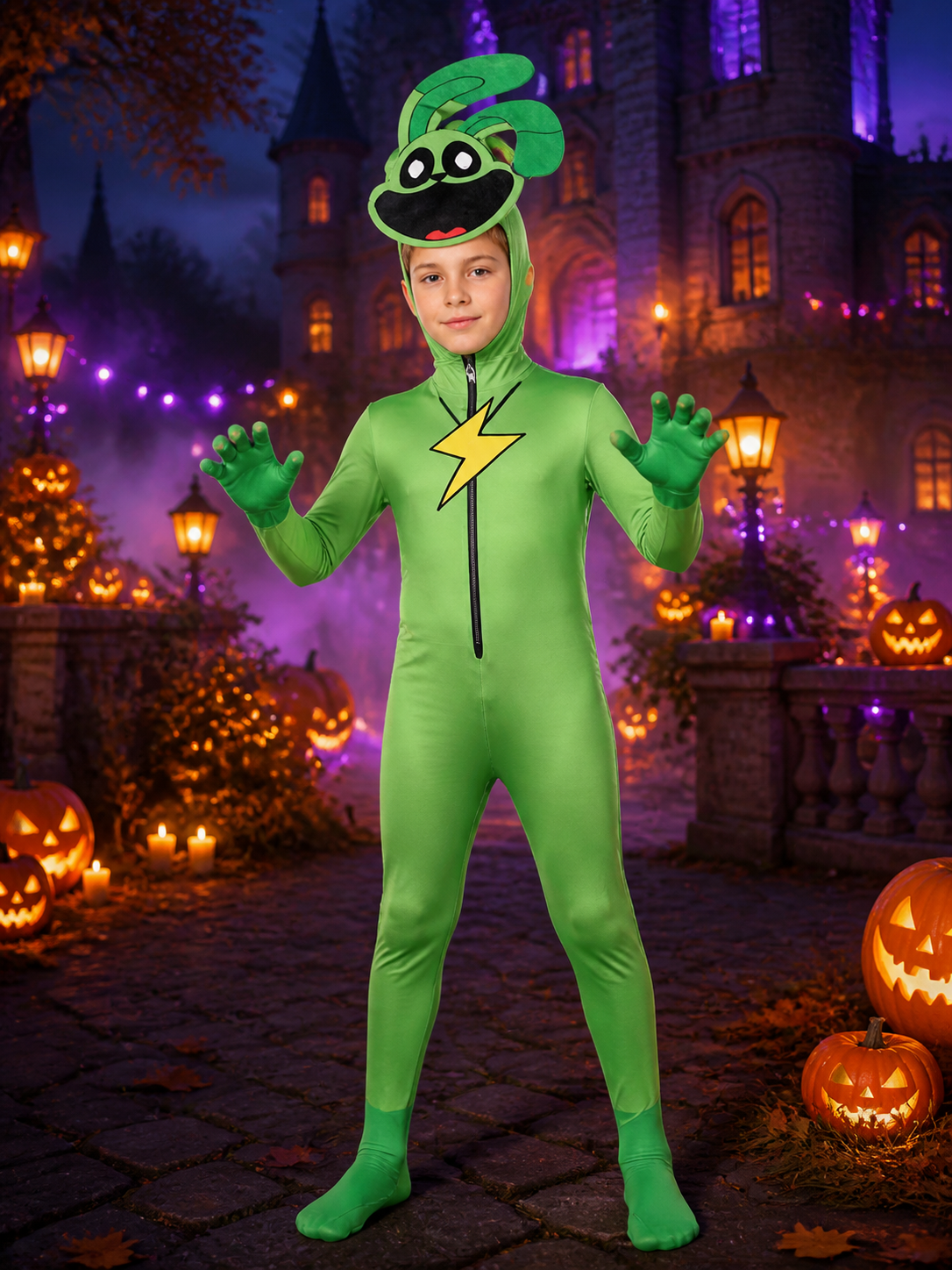 Unisex Green Rabbit Cosplay Bodysuit Costume with Lightning Print Hooded on-model Halloween scene view