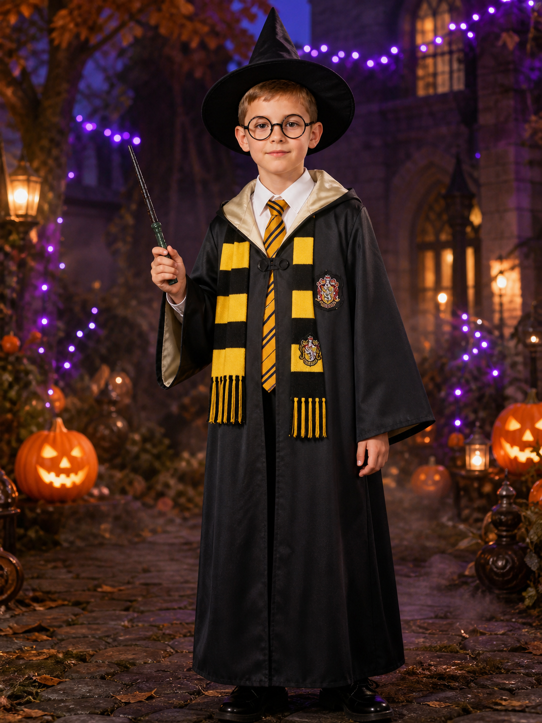 Children's Wizard Costume Set, Hooded Robe with Badge, Scarf, Tie, Hat, Glasses Costume Headwear detail 2