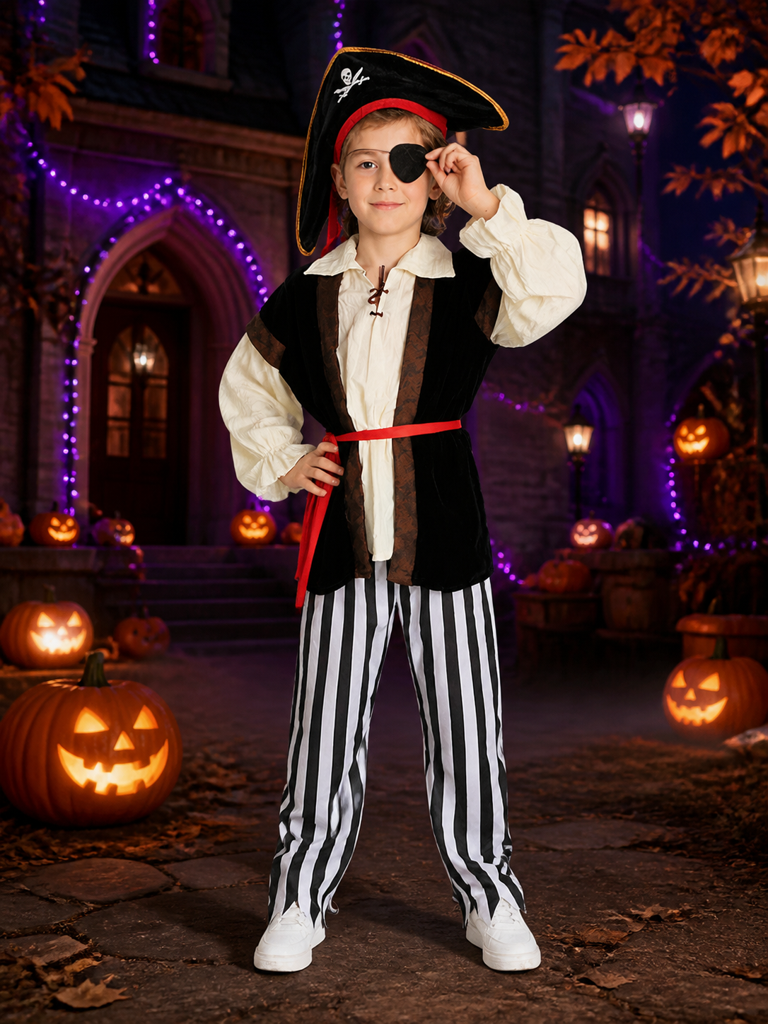 Kids Pirate Costume Set with Hat, Eye Patch, Striped Pants & Skull Print Top Costume Headwear detail 2