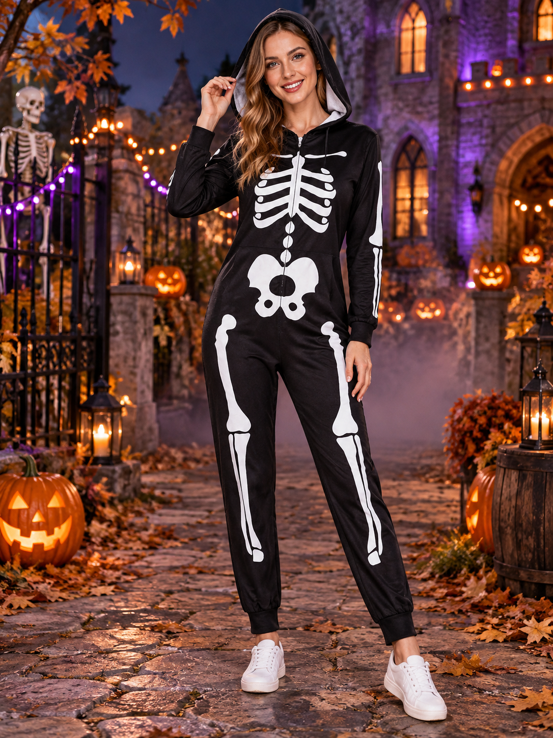 Black Skeleton Hooded Jumpsuit Costume