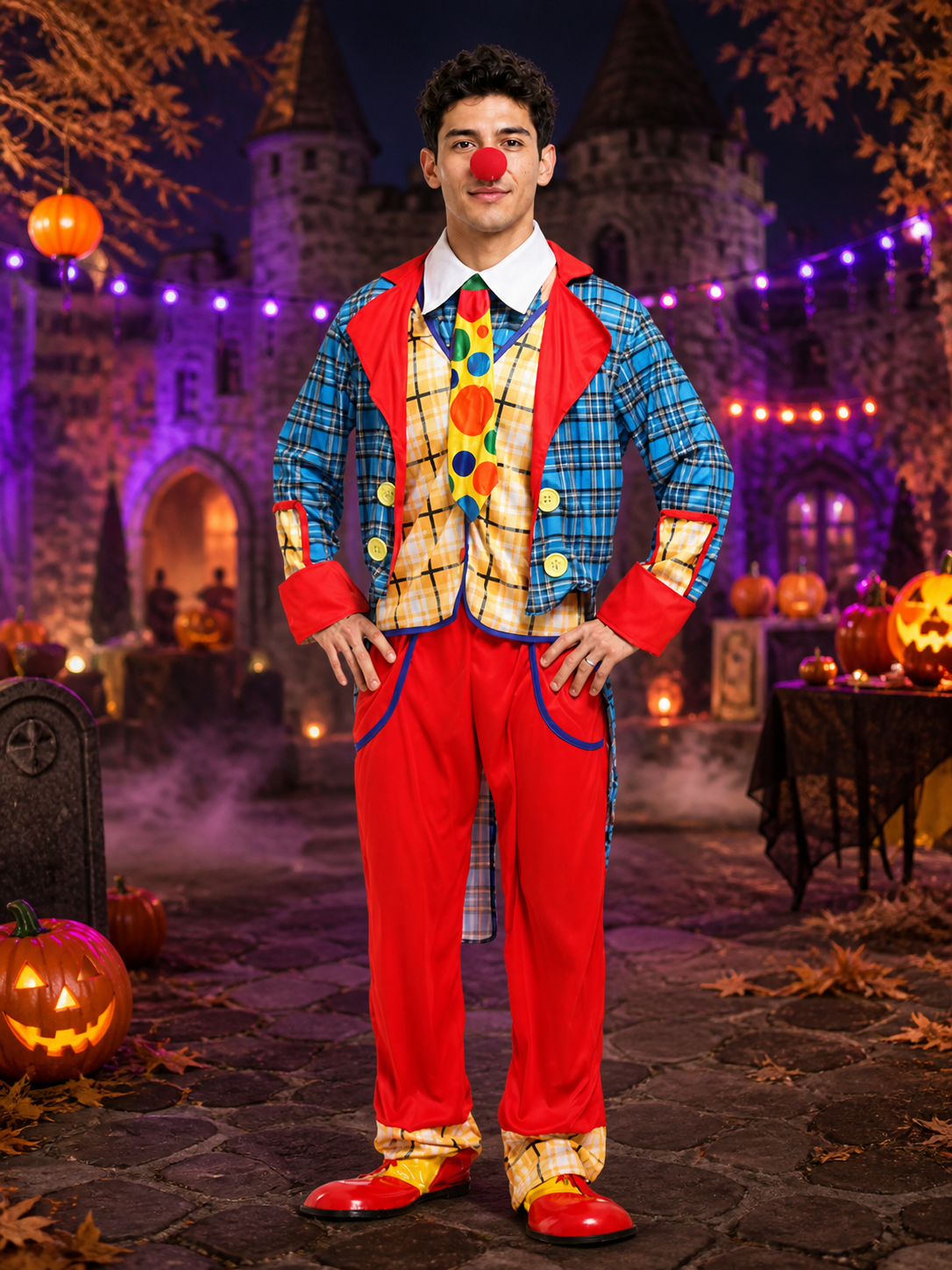 Unisex Clown Halloween Costume Set, Blue Checkered Coat with Red Trim, Matching Costumes detail 2