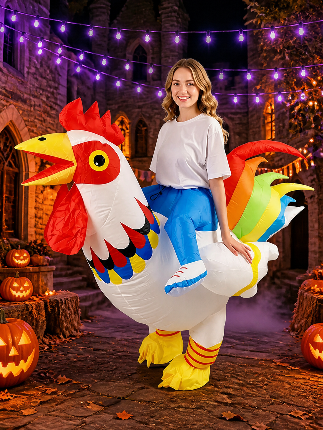 Inflatable Rooster Halloween Costume with Colorful Feathers, Open Beak and Costumes detail 2