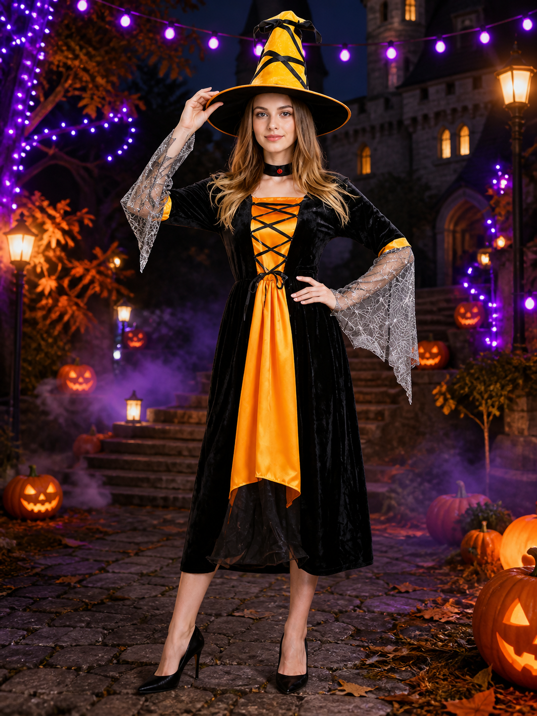 Women's Sexy Witch Costume Set with Hat and Sleeves, Black Orange Long Dress Costume Dresses detail 2