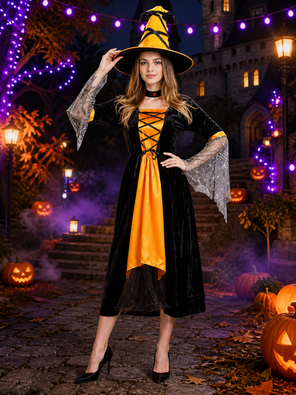 Women's Sexy Witch Costume Set with Hat and Sleeves, Black Orange Long Dress Costume Dresses detail 2