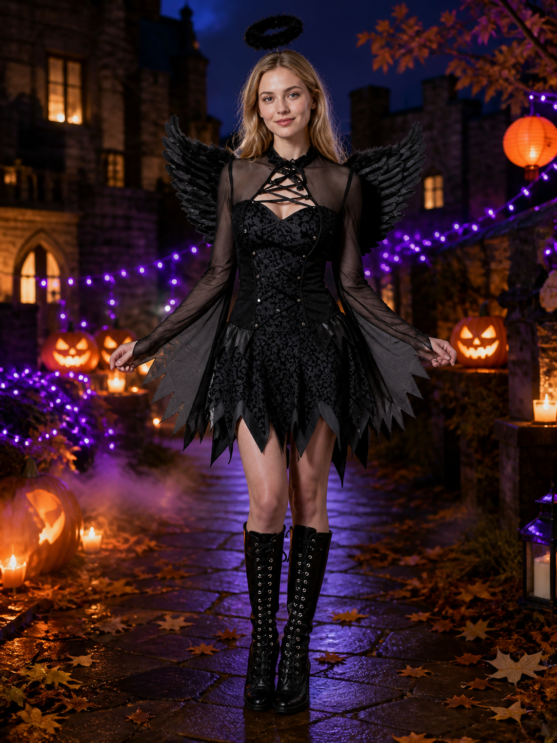 Black Angel H Carnival Costume with Corset for Halloween Costumes detail 2