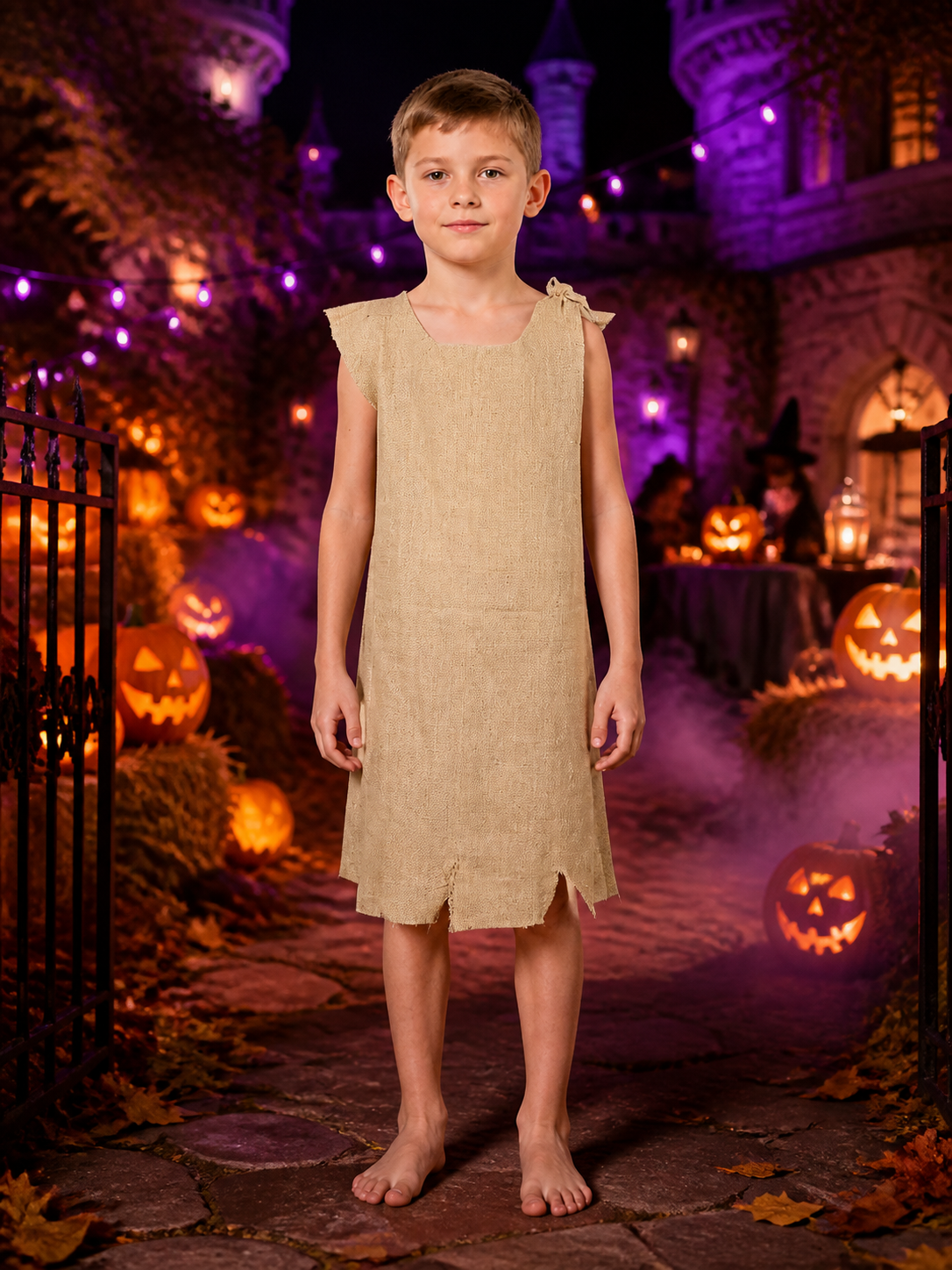 Beige Elf Costume Dress with Irregular Hem and Shoulder Tie for Halloween Costume Dresses detail 2