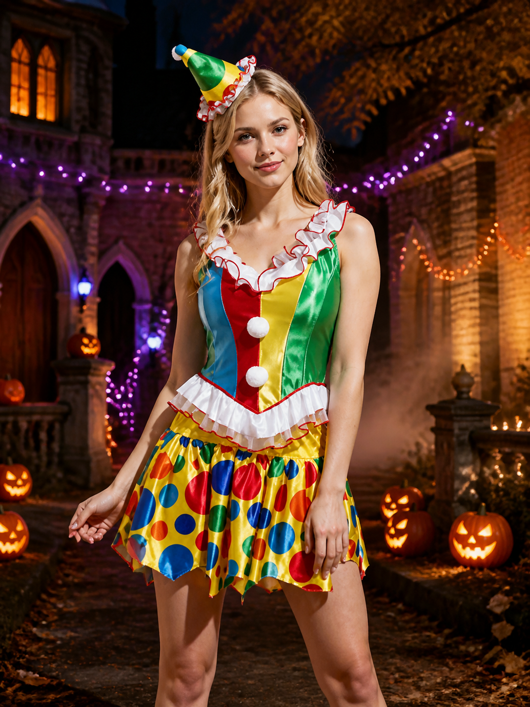 Rainbow Polka Dot Clown Costume Jumpsuit Set with Pointed Hat Costume Headwear detail 2