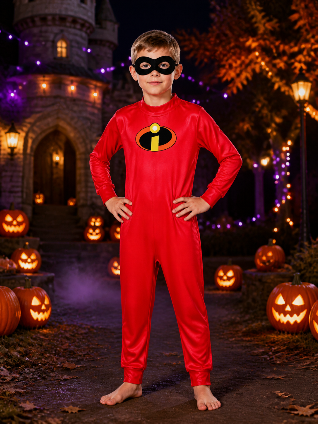 Kids Superhero Bodysuit Costume with Eye Mask, Red Long Sleeve Jumpsuit for Costume Masks detail 2