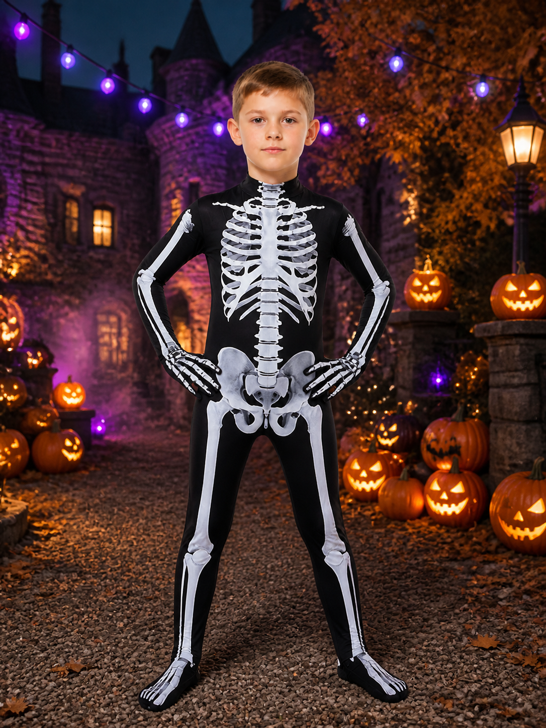 Black Skeleton Bodysuit Costume with White Bone Print - Halloween Cosplay Outfit on-model Halloween scene view