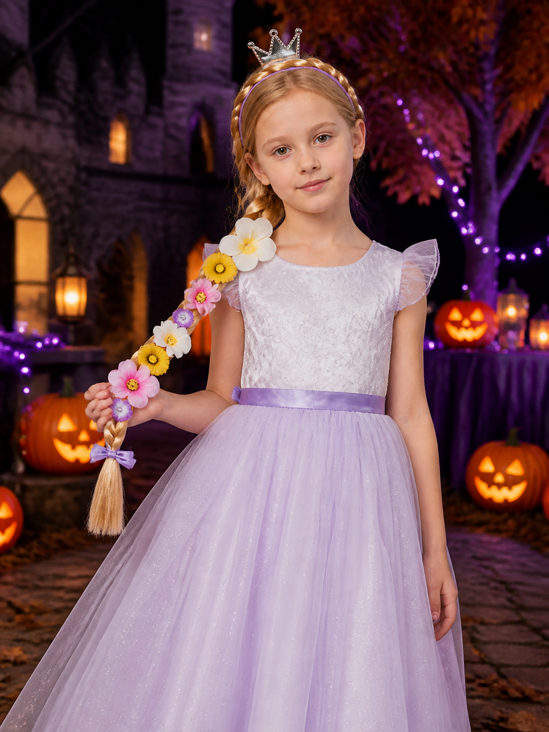 Kids Rapunzel Princess Braided Wig and Crown Halloween Accessory Set Costume Wigs detail 2