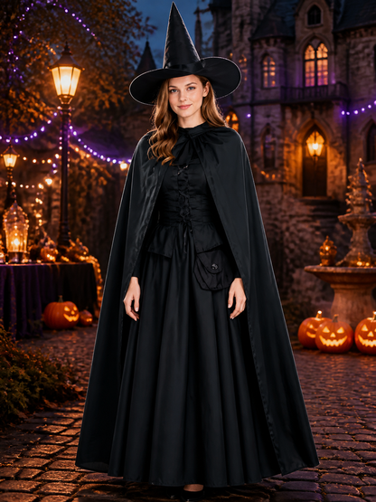 Black witch costume with hat and long cape