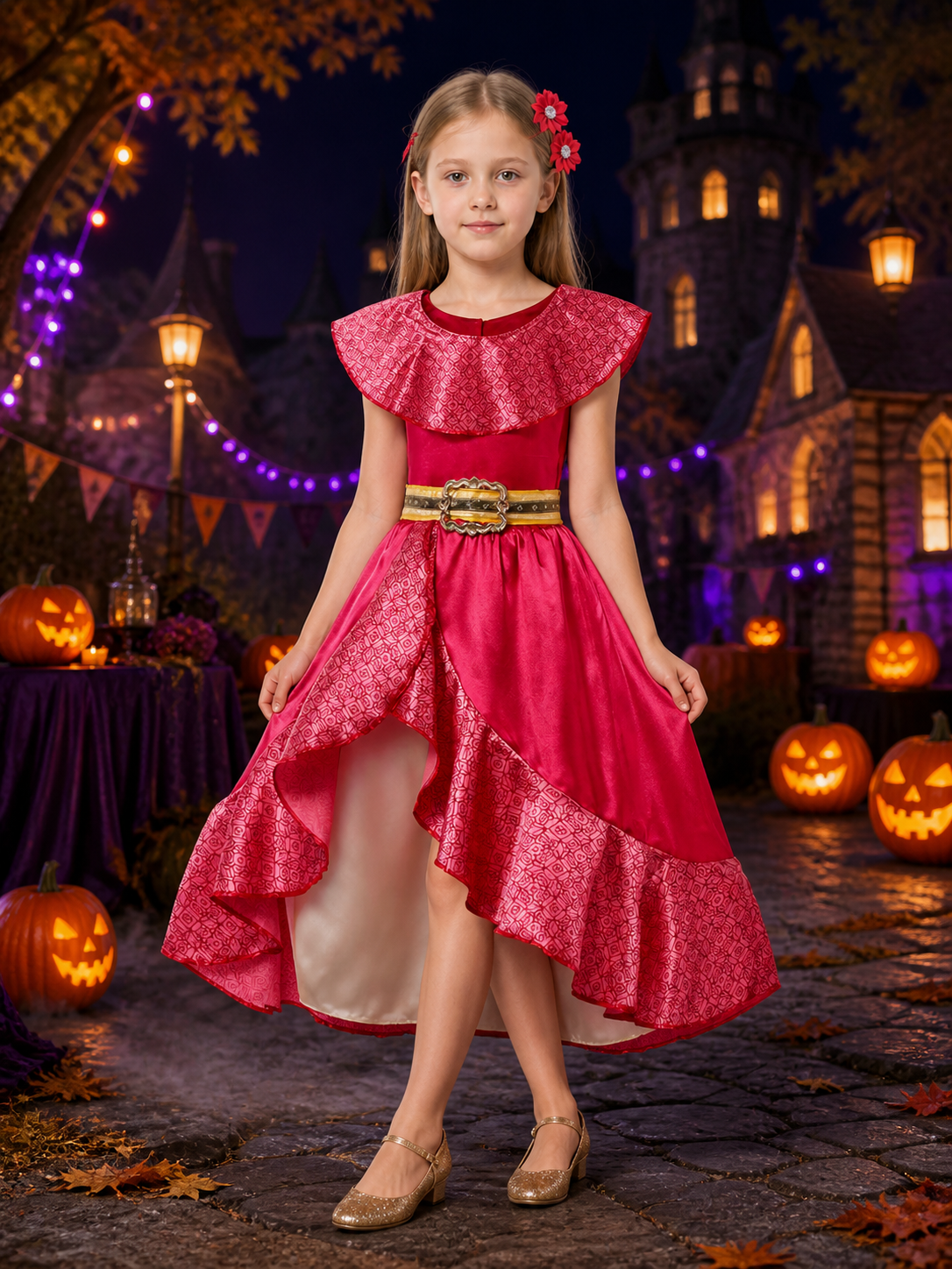 Kids Princess Elena Costume Dress Set with Ruffle Collar and Flower Hair Clips Costume Dresses detail 2