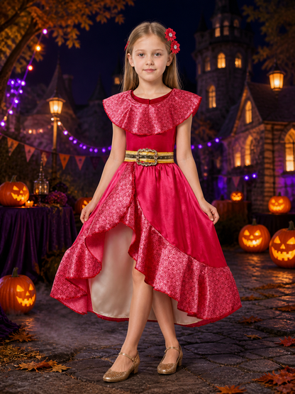 Kids Princess Elena Costume Dress Set with Ruffle Collar and Flower Hair Clips Costume Dresses detail 2