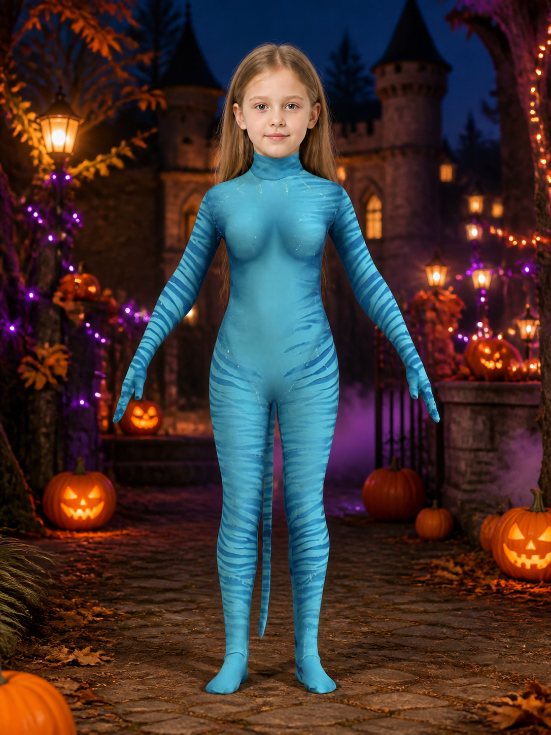 Kids Avatar Blue Alien Bodysuit Halloween Costume with Tail and Headpiece Costume Headwear detail 2