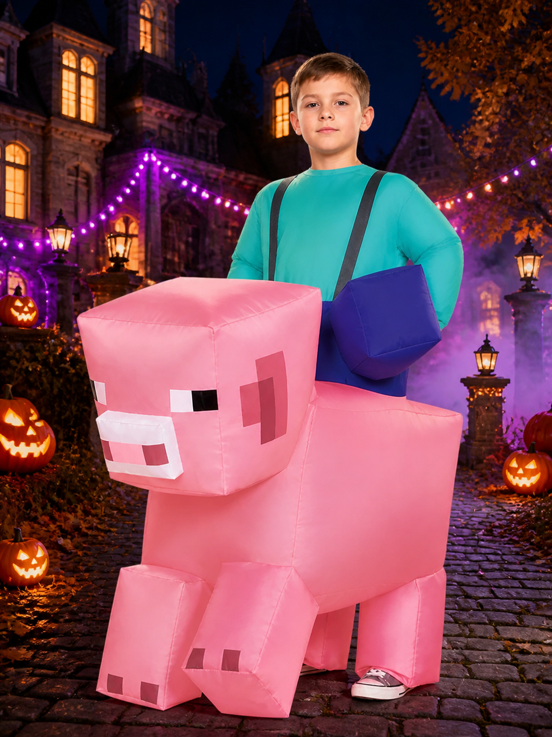 Kids' Pink Blocky Pig Jumpsuit Costume, Pixelated Halloween Outfit Costumes detail 2