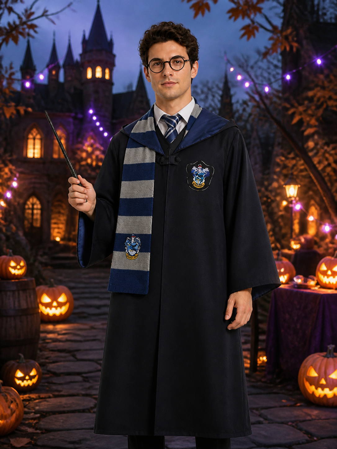 Ravenclaw Wizard Robe Costume Set with Scarf, Tie, Glasses and Wand Costume Accessories detail 2
