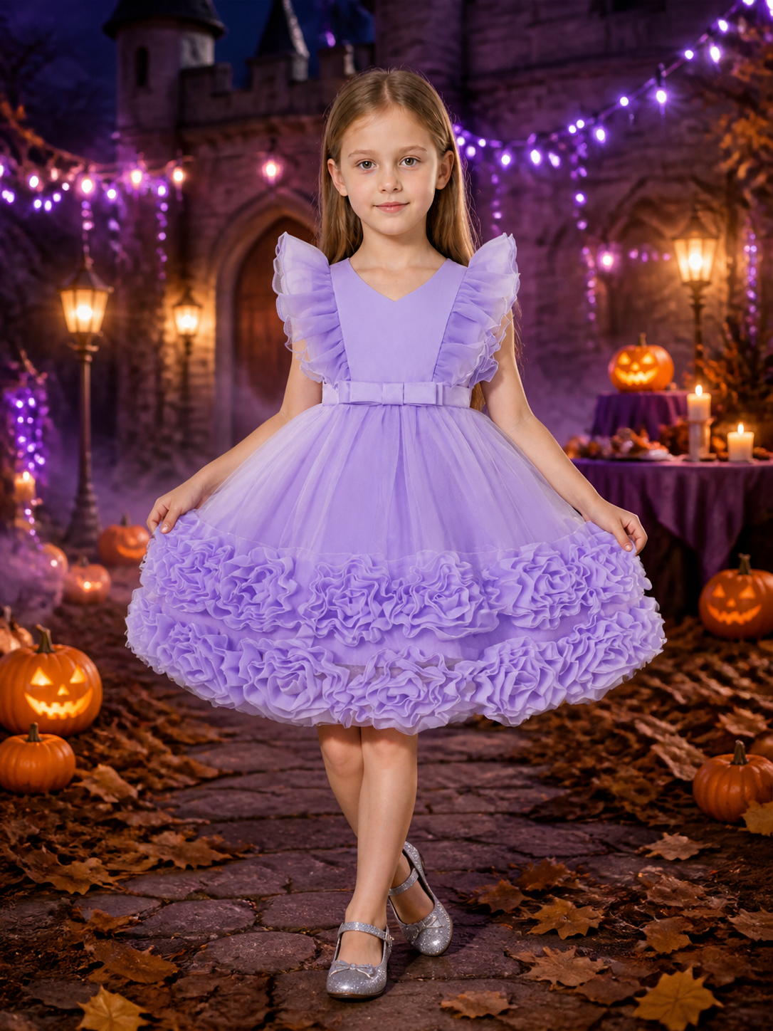 Toddler Girls' Lavender Princess Dress, Layered Tulle Skirt With Rose Trim And Costume Dresses detail 2