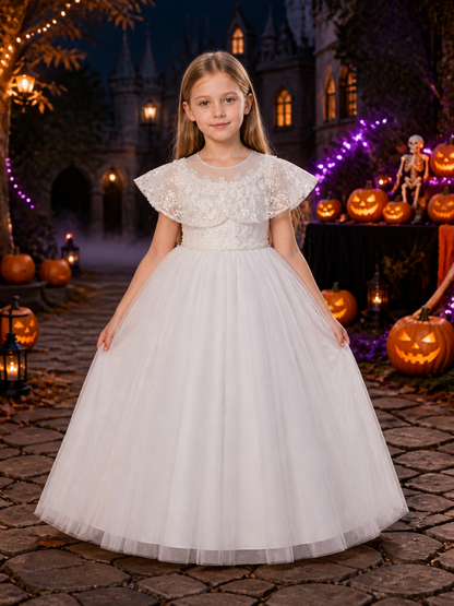 Girls' White Princess Dress, Sequin Floral Lace Tulle Formal Gown, 8Y-12Y Costume Dresses detail 2
