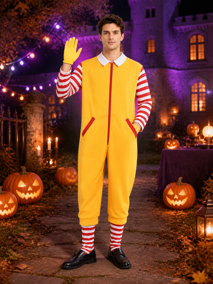 Red and Yellow Clown Jumpsuit Costume, Striped Sleeves, Cosplay Performance Costumes detail 2