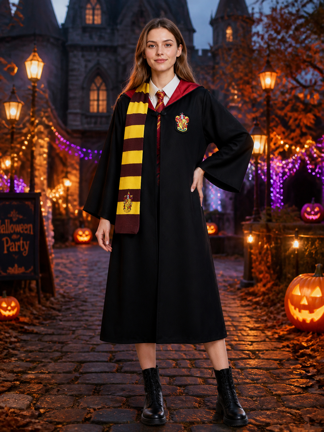 Wizard Costume Set, Hooded Long Robe with Striped Tie and Scarf, Halloween Costumes detail 2