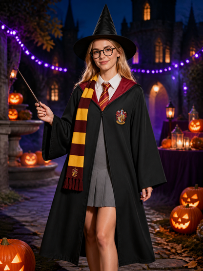 Women's Wizard Robe Costume Set, Hooded Cloak with Hat, Scarf, Tie, Glasses Costume Capes detail 2