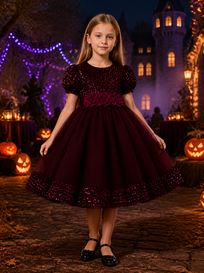 Girls' Burgundy Sequin Tulle Princess Ball Gown Dress With 3D Rose Flowers and Costume Dresses detail 2