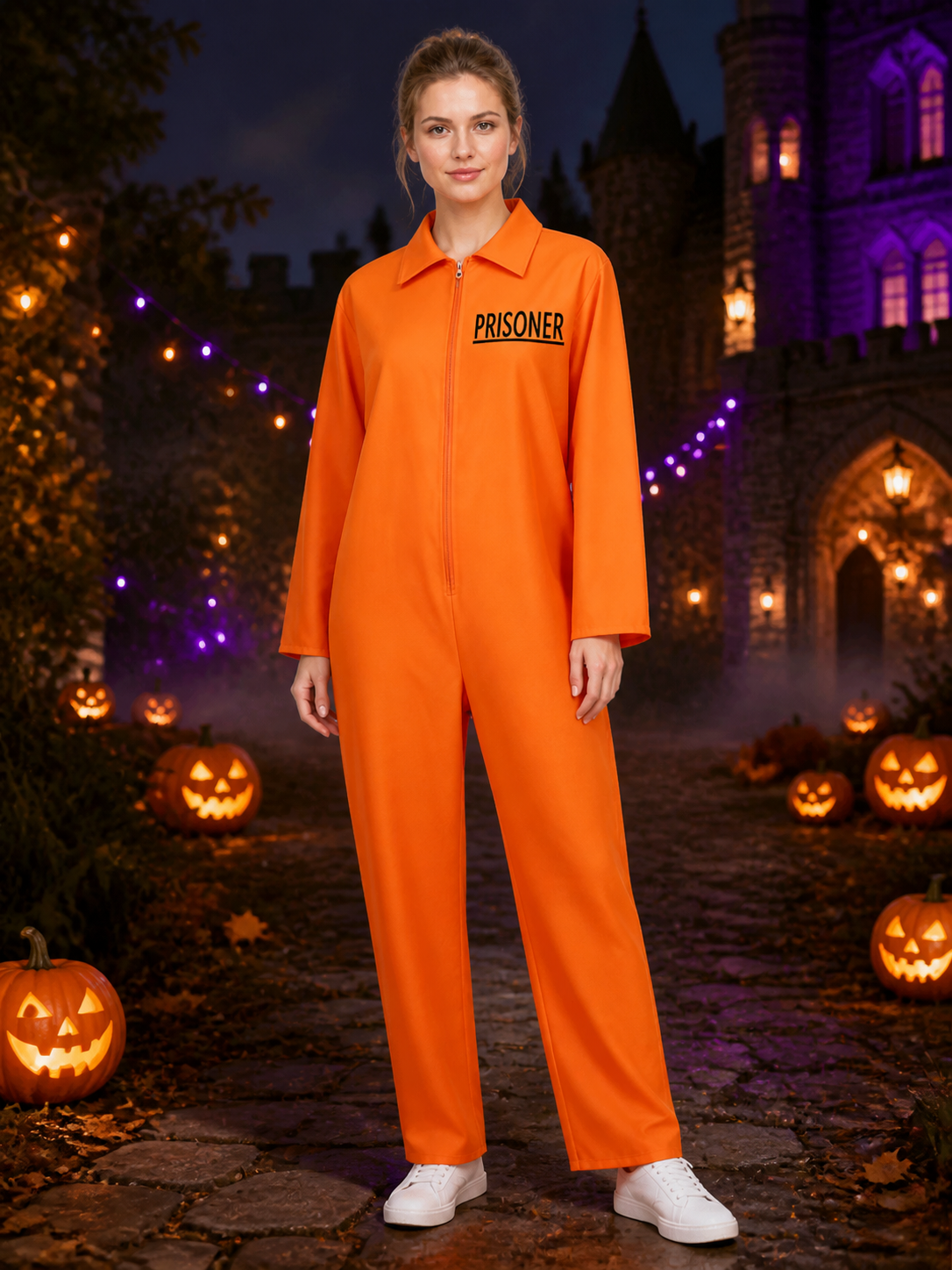 Orange Prisoner Jumpsuit Costume, Long Sleeve Collared Zipper Cosplay Outfit Costumes detail 2