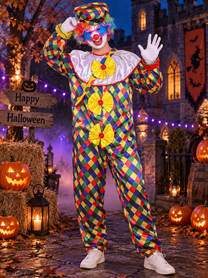 Clown Costume: Diamond-Pattern Jumpsuit, Wig, Mask