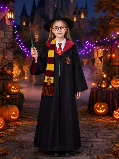 Kids Wizard Hooded Robe Costume Set with Scarf, Hat, Glasses & Wand Costume Headwear detail 2