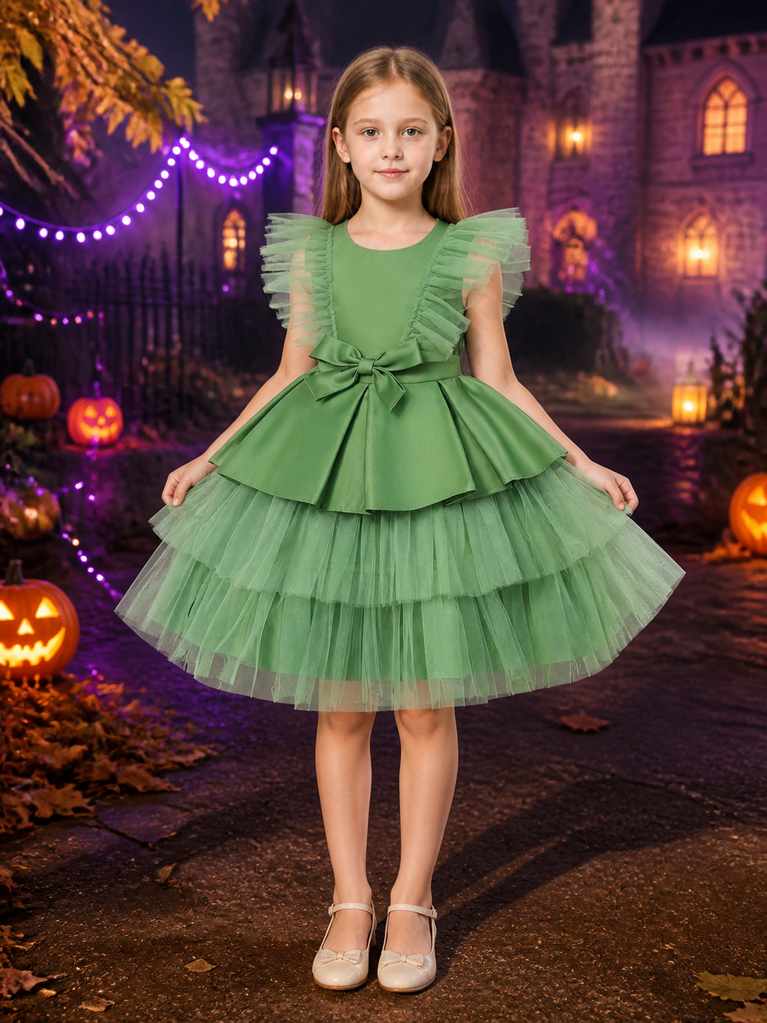 Girls' Green Princess Tulle Dress, Short Sleeve Bow Flower Girl Formal Dress Costume Dresses detail 2