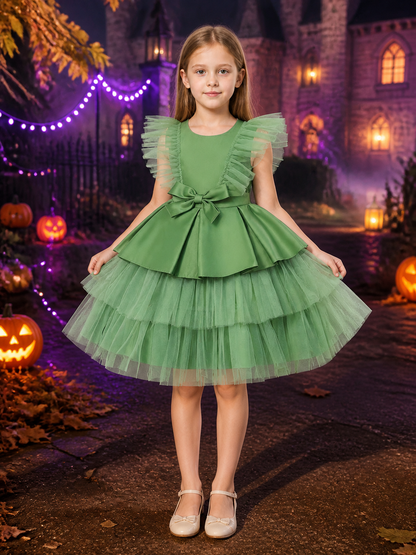 Girls' Green Princess Tulle Dress, Short Sleeve Bow Flower Girl Formal Dress Costume Dresses detail 2