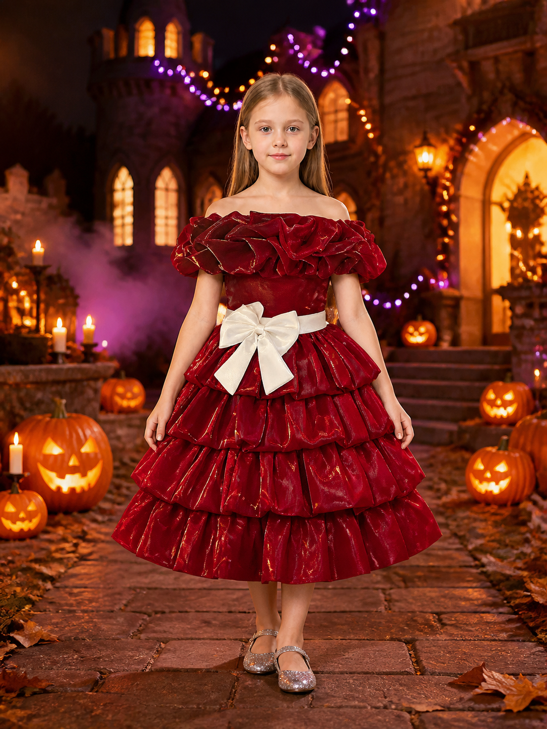 Baby Girls' Maroon Princess Dress with Layered Ruffle Skirt and White Bow Costume Dresses detail 2