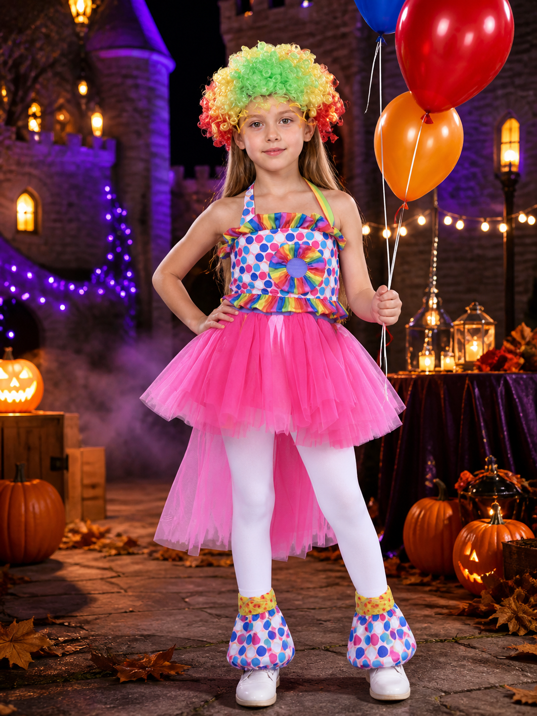 Kids' Clown Circus Costume with Polka Dot Top and Pink Tulle Skirt Costumes detail 2