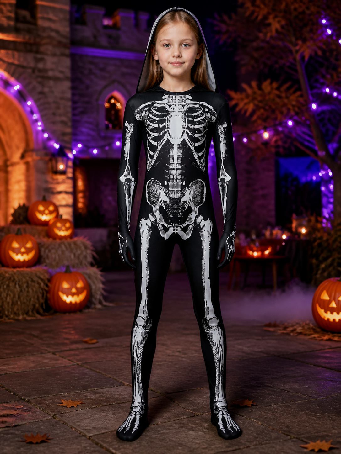 Skeleton Hooded Jumpsuit Costume, Black White Full Body Print for Halloween on-model Halloween scene view