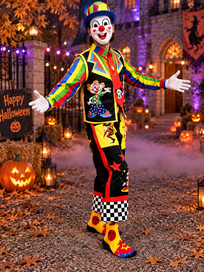 Colorful Clown Costume with Vest, Hat, and Mask