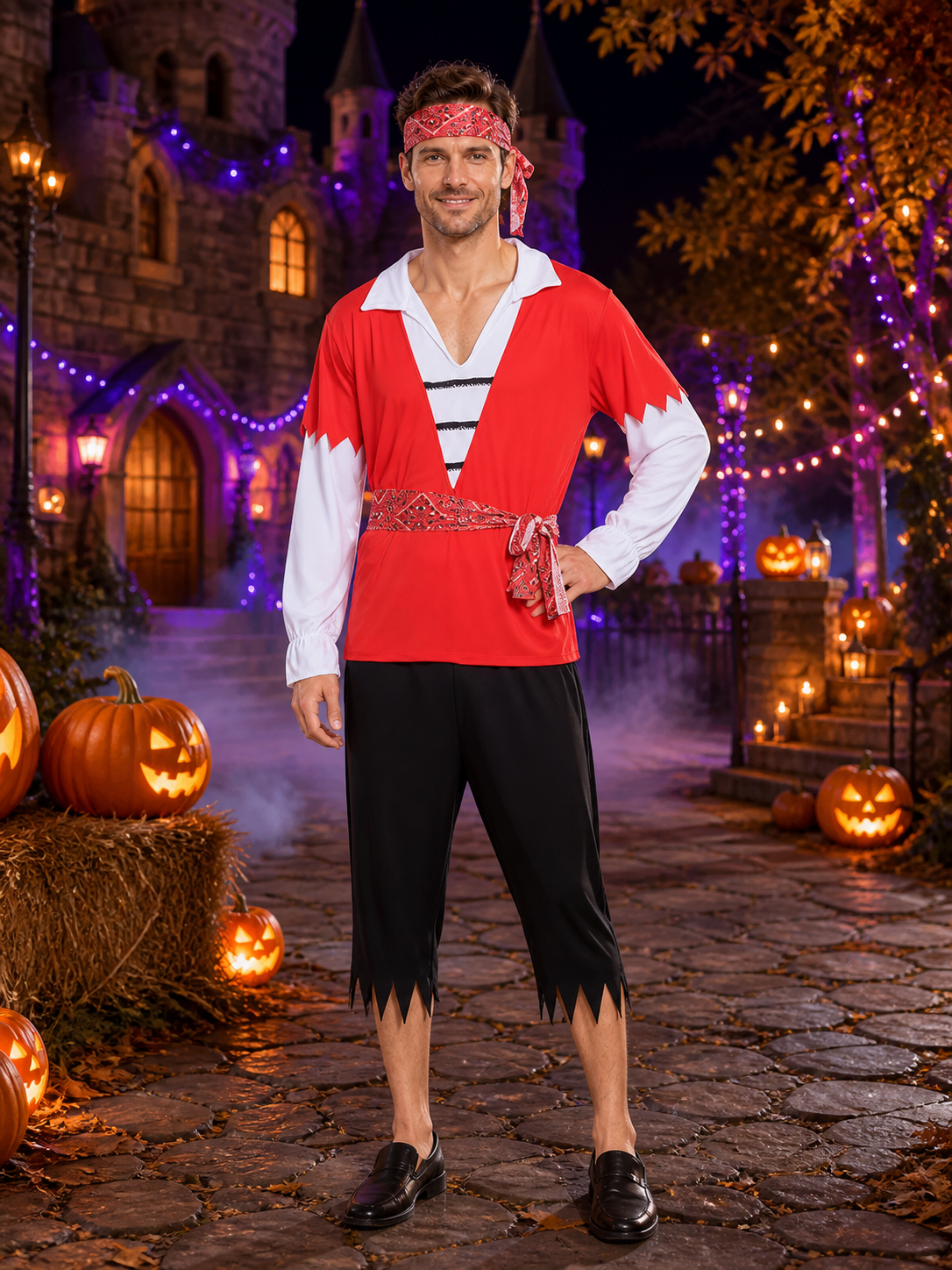 Adult Pirate Halloween Costume Set, Red Long-Sleeve Top, Cropped Pants Costumes detail 2